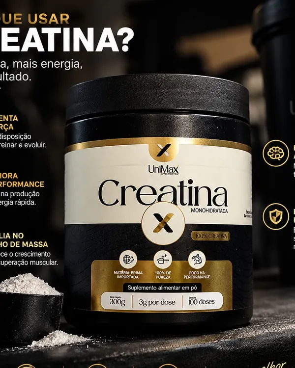 Post: por que usar creatina, com o pote da Creatina UniMax