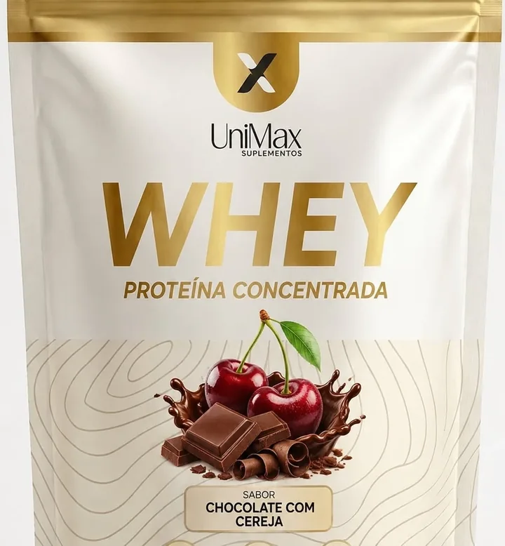 Embalagem do Whey Protein UniMax sabor chocolate com cereja