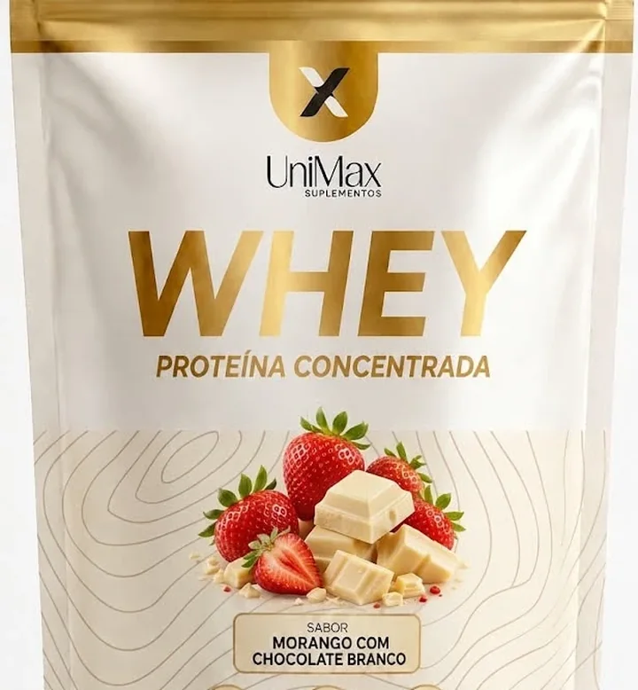 Embalagem do Whey Protein UniMax sabor morango com chocolate branco